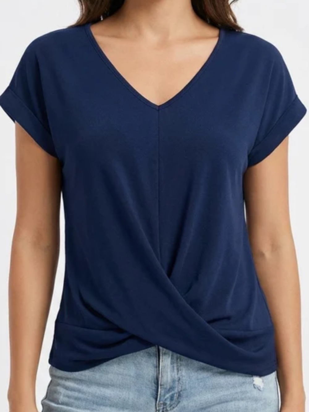 Double Zero Navy V-Neck Twist Front Short Sleeve Top o